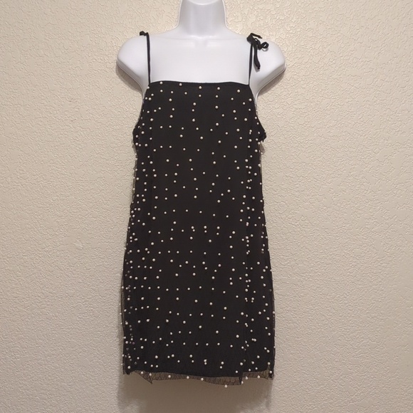 Forever 21 Dresses & Skirts - Forever 21 black faux pearl studded shoulder tie mini shift dress